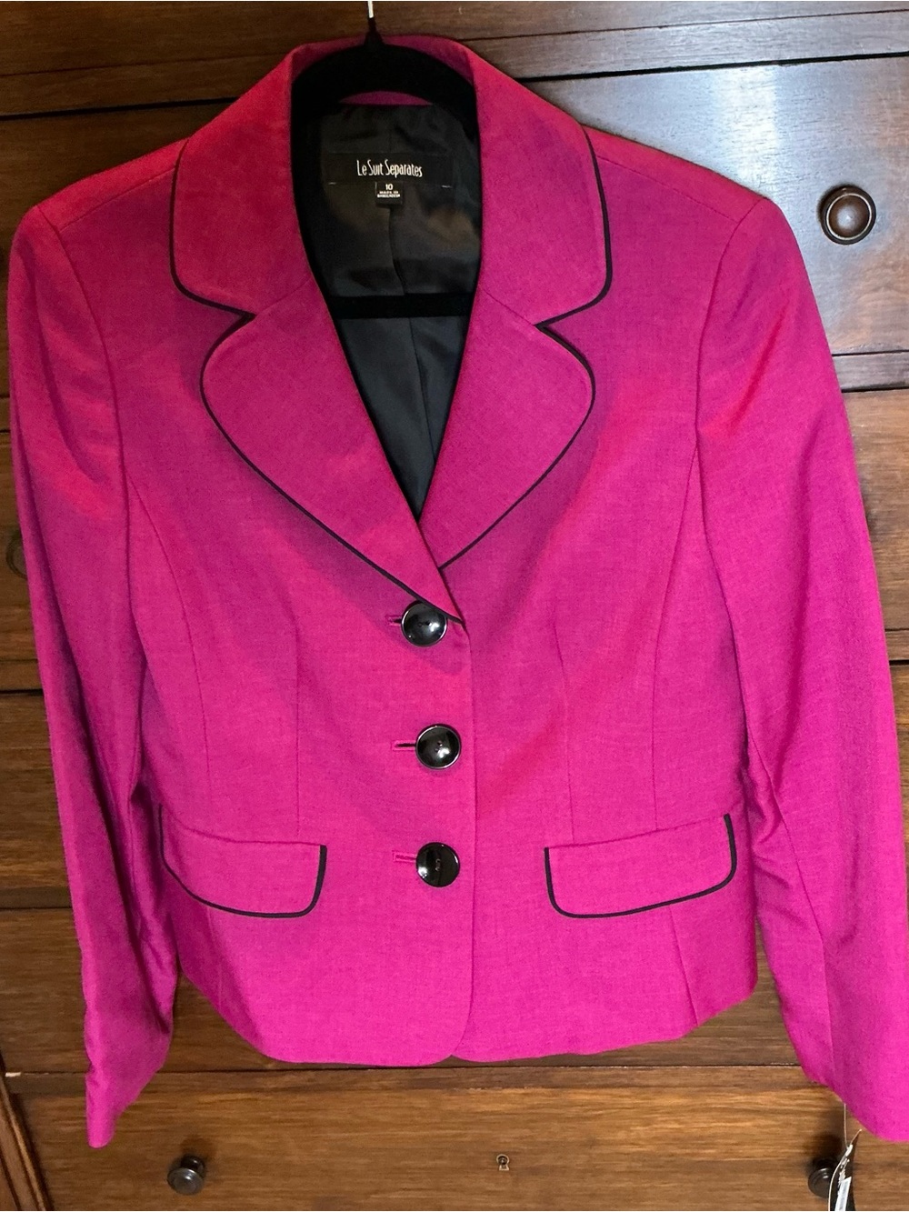 Le Suit Hot Pink Blazer with Black Piping